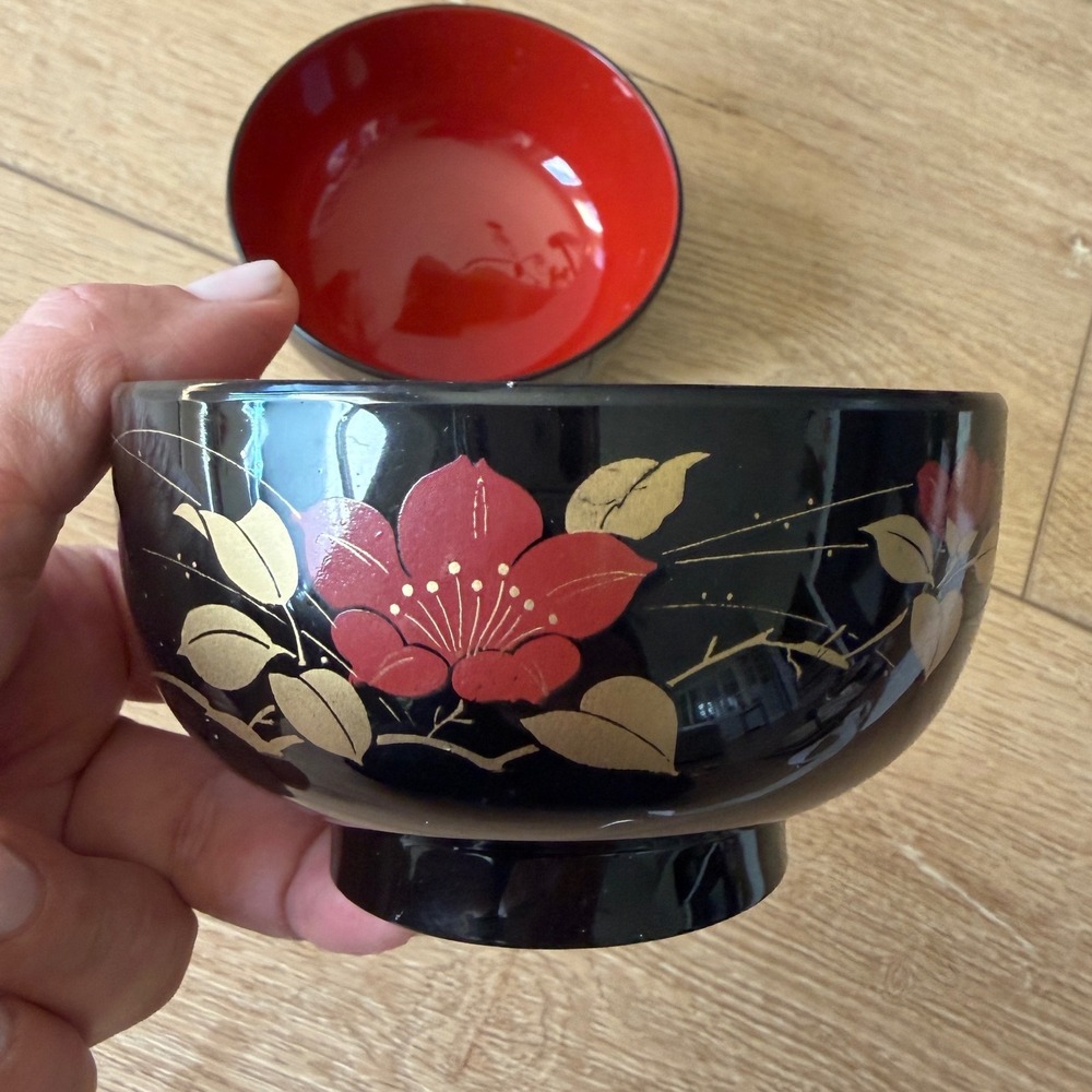 Vintage Japanese Lacquerware Miso Soup Bowls Set of 2 Black Red Gold Floral